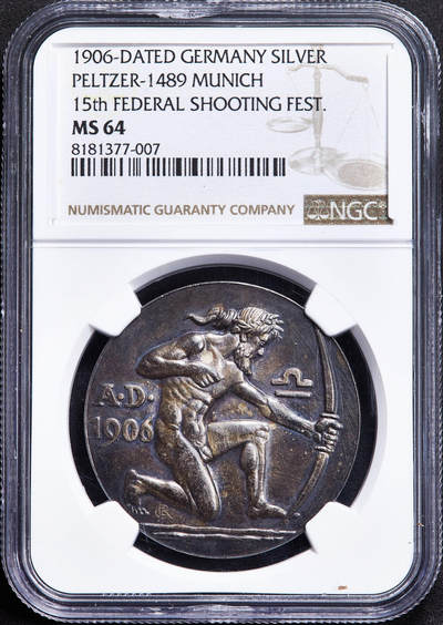 【俄甄集藏】2026年(050)04-01星期三 晚 19:30 全场包邮 - 德国1906年纪念慕尼黑第15届联邦射击节银章，NGC MS64，酱彩老包浆，设计精美，名誉品种