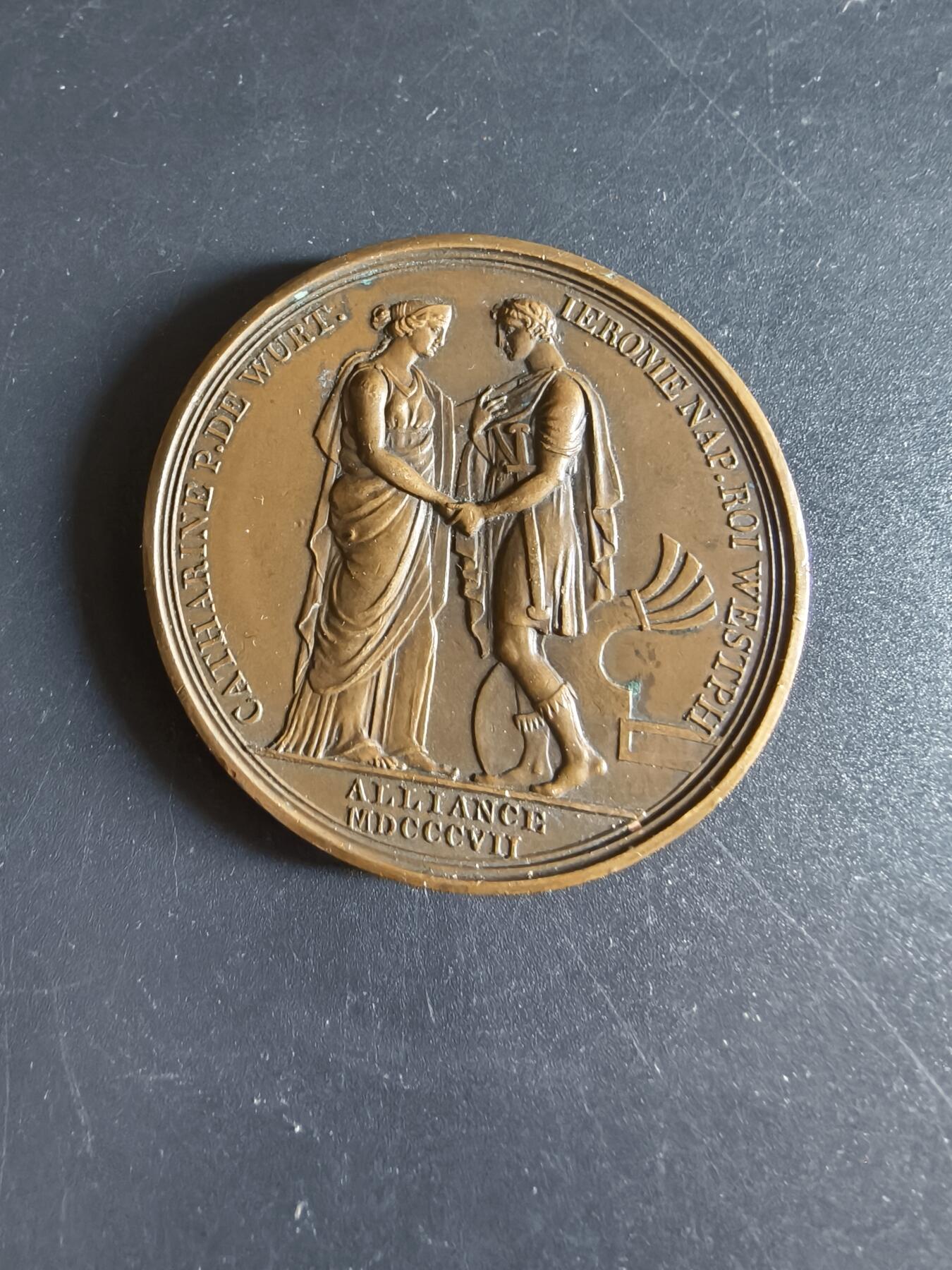 老王徽章第190期 法国拿破仑一世时期威斯特伐利亚国王热罗姆·波拿巴与符腾堡的凯瑟琳婚礼大铜章      直径45mm      重量45.9g