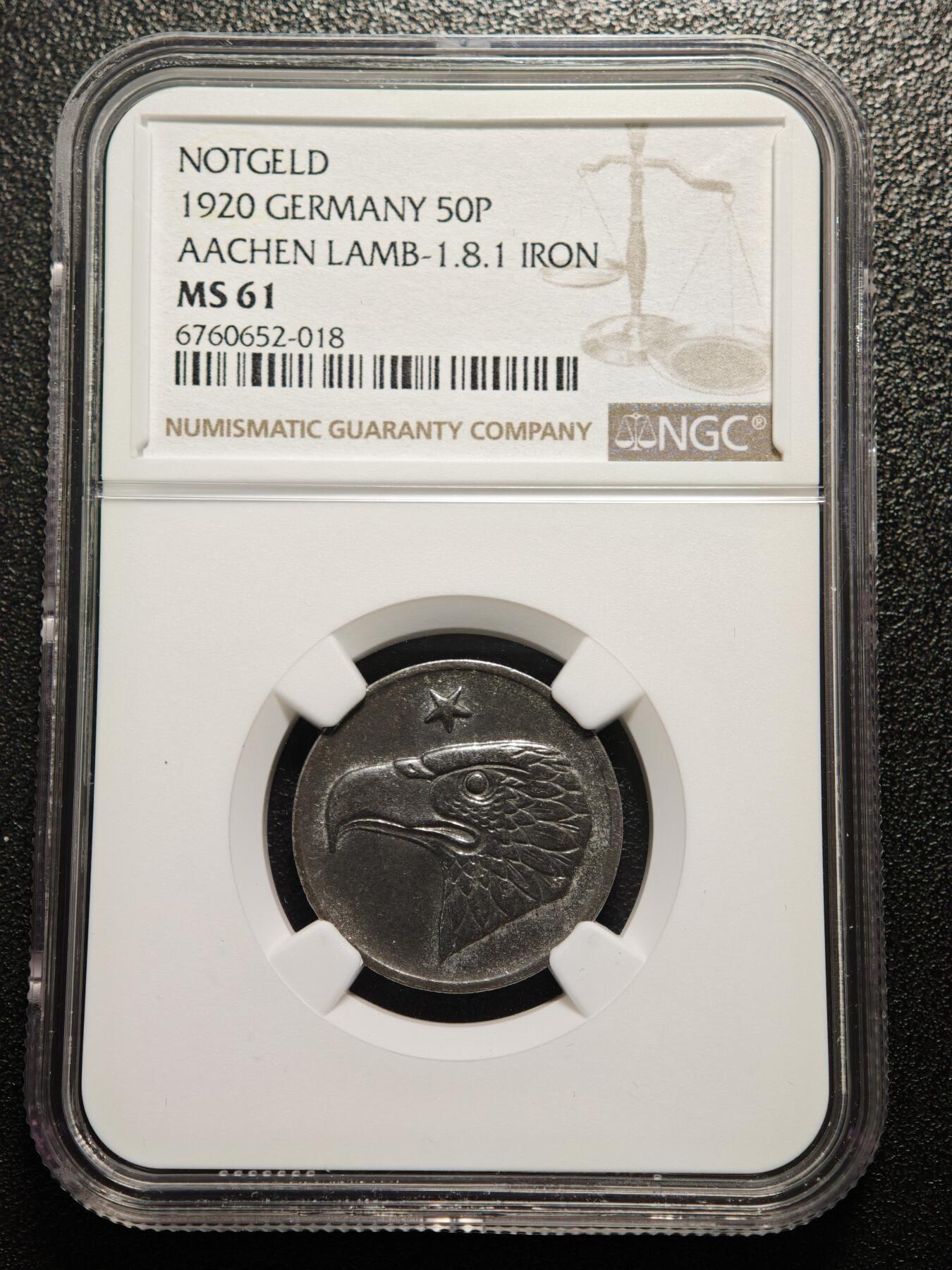 【德藏】世界币章拍卖第169期（拍品征集中~欢迎藏友联系） 1920年 德国德紧时期亚琛大嘴鹰50芬尼铁币 NGC MS61 保存不易 好品难得