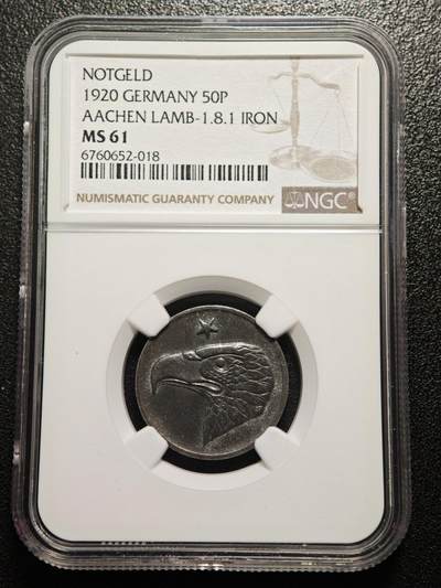 【德藏】世界币章拍卖第169期（拍品征集中~欢迎藏友联系） - 1920年 德国德紧时期亚琛大嘴鹰50芬尼铁币 NGC MS61 保存不易 好品难得