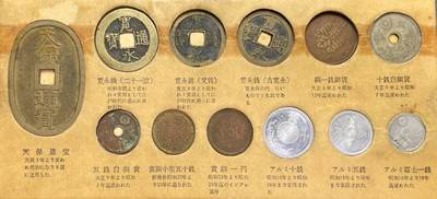 回流0328 - 日本从江户时代到战后昭和时期的货币标本套卡，完整展示了日本近代货币体系的演变，共11枚钱币，涵盖古钱币、明治/大正/昭和时期的铜镍币与铝币