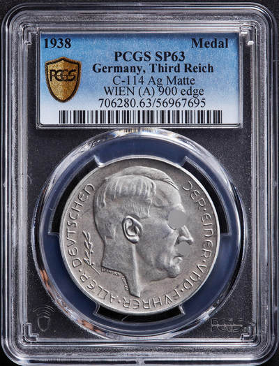 【俄甄集藏】2026年(050)04-01星期三 晚 19:30 全场包邮 - 德国第三帝国1938年纪念吞并奥地利银章，PCGS SP63，磨砂底板，名誉品种，原图联系客服或至官网查询
