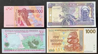 小福收藏拍卖第203期 裸钞场 本期有多张豹子号靓号 仅发行1000枚亚克力砖封蒙古20000图格里克帝国800周年纪念钞 瑞士200法郎 百慕大样钞洋葱冠全套 巴林首版大全套 卡塔尔四张套 越南 保加利亚 马其顿等多国精美纸币 - 非洲4国纸币 1组4张其中1张无47 1张乱蛇号 unc