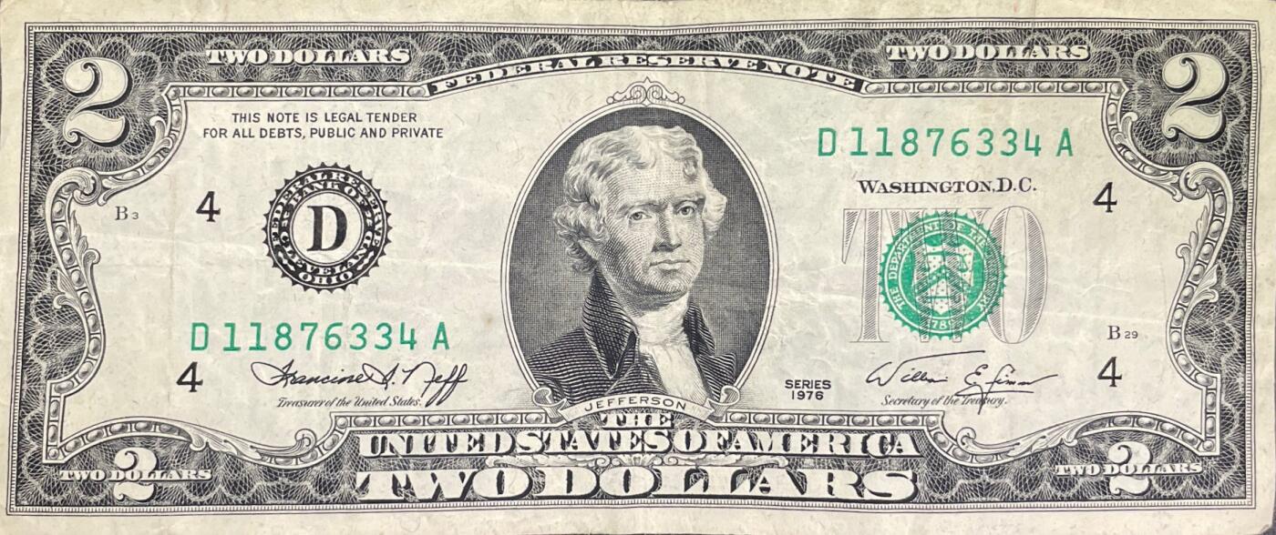 回流0328 美国1976年版2美元联邦储备券 纪念美国建国200周年特别发行 也是目前流通2美元纸币的经典前身