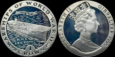 ＜星葵🌻钱币社＞第72期·东奔西走的硬币·3月31日发货 - 直布罗陀1993年二战战舰·皇家方舟号航空母舰1克朗纪念币