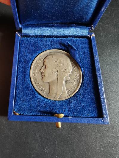 老王徽章第190期 - 法国体育教育委员会镀银大铜章     大师莫隆作品     原盒     直径36mm     重量23.6g