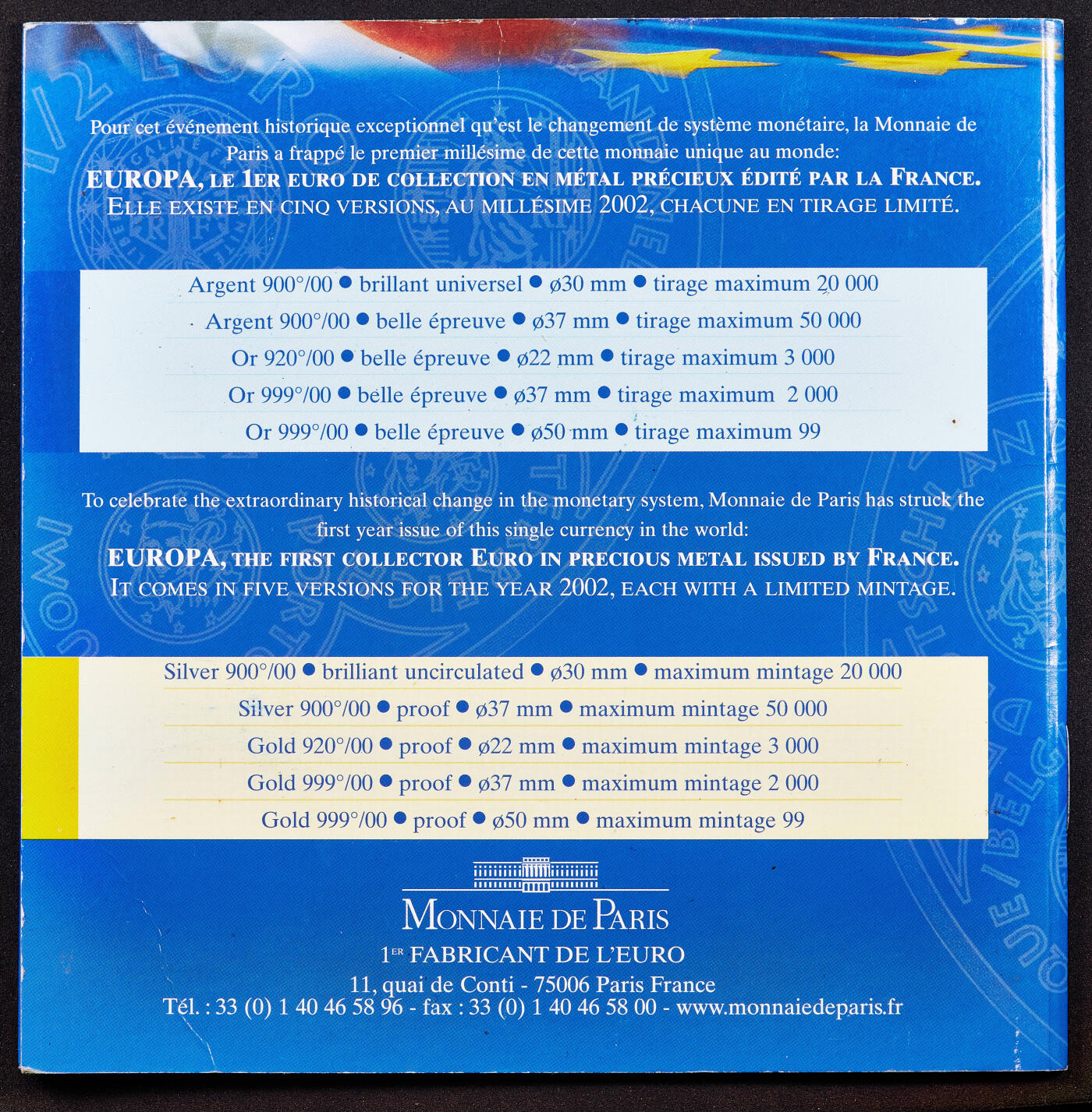 【俄甄集藏】2026年(050)04-01星期三 晚 19:30 全场包邮 法国2002年纪念欧盟欧元单一合法硬币实施1/4欧元卡装银币，重13克，900银，发行量20000枚