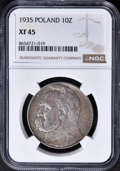 【俄甄集藏】2026年(050)04-01星期三 晚 19:30 全场包邮 - 波兰1935年毕苏斯基10兹罗提银币，NGC XF45，黄油彩包浆，原味状态