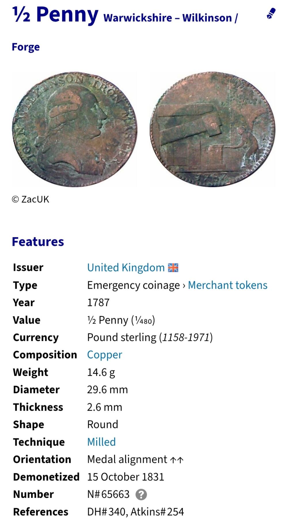 2026年第三十八场(总第二百零七场）外国好品散币场(免佣金) 英国🇬🇧1787年1/2便士(沃里克郡-威尔金森代币，钢铁大师系列，小鼻子版本)