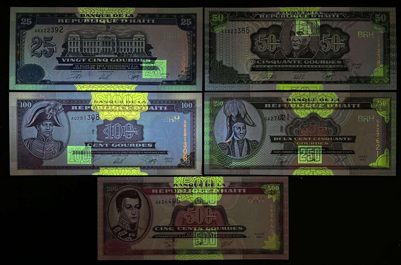 小福收藏拍卖第203期 裸钞场 本期有多张豹子号靓号 仅发行1000枚亚克力砖封蒙古20000图格里克帝国800周年纪念钞 瑞士200法郎 百慕大样钞洋葱冠全套 巴林首版大全套 卡塔尔四张套 越南 保加利亚 马其顿等多国精美纸币 海地 2000-2001年版 25 50 100 250 500古德 （其中1张无47 1张数3无47 1张无47尾8 ）1组5张 unc