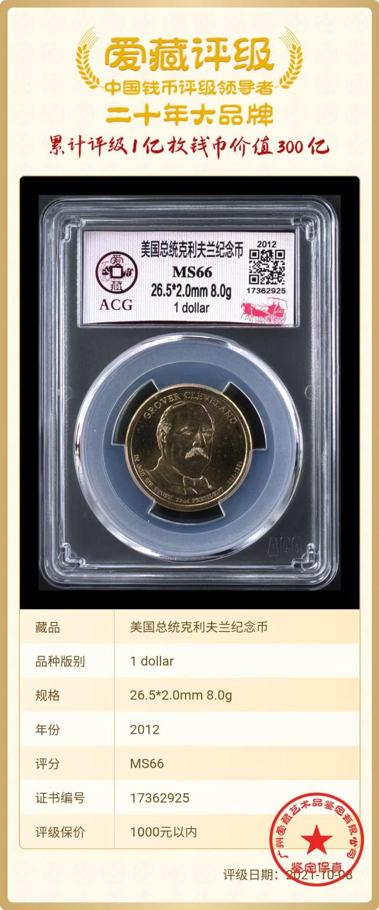 美元硬币 【1美元】美国总统克利夫兰纪念币