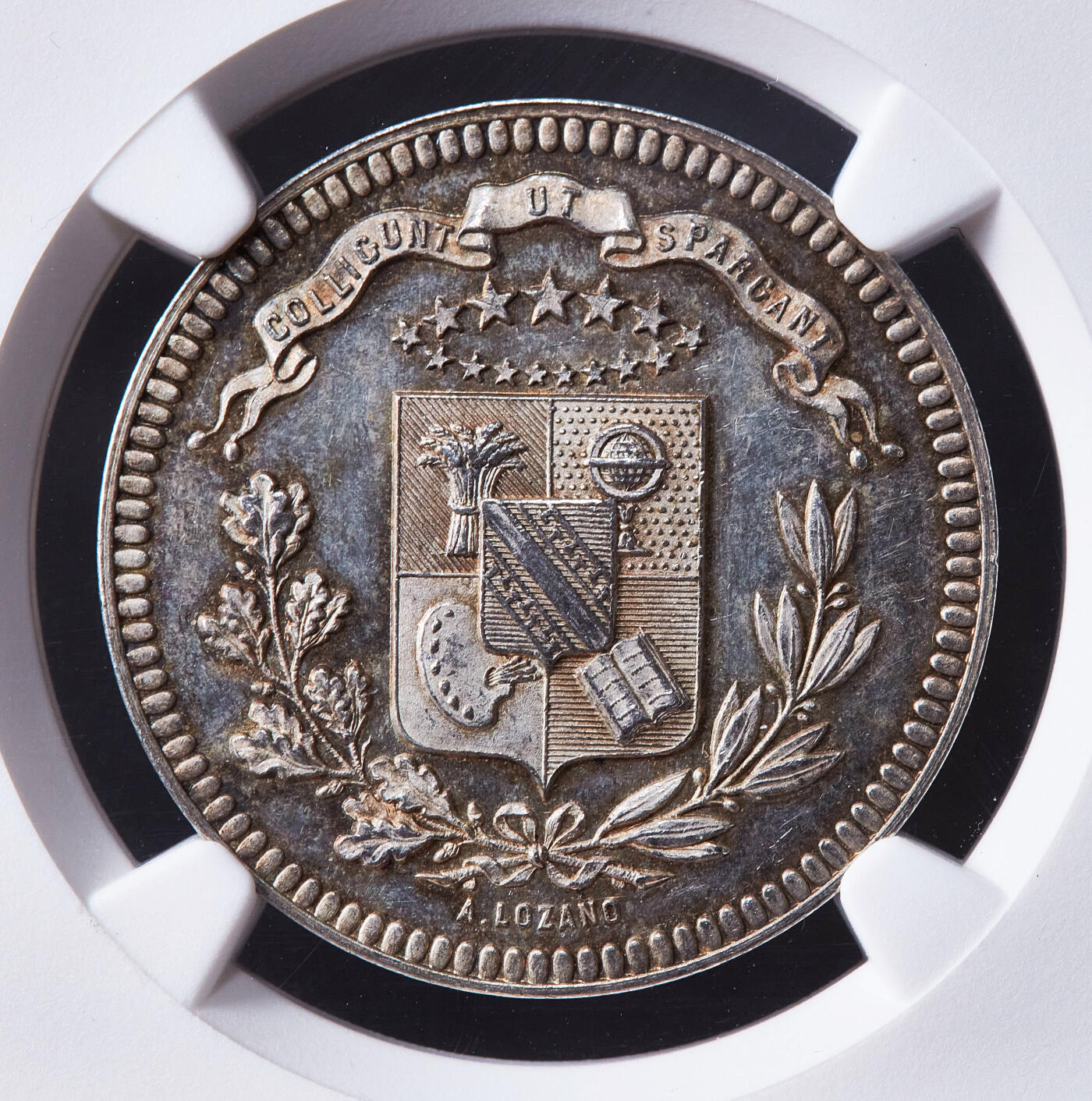 【俄甄集藏】2026年(050)04-01星期三 晚 19:30 全场包邮 法国19世纪奥布省学术协会银质奖章，NGC MS63，直径32mm，底板凝霜，黄油彩包浆，丰饶角铭