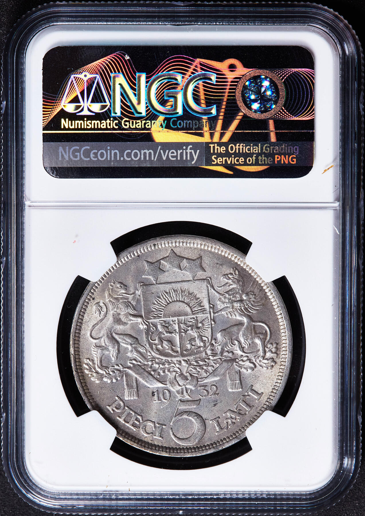 【俄甄集藏】2026年(050)04-01星期三 晚 19:30 全场包邮 拉脱维亚1932年女神版5拉特大银币，NGC MS62，原味状态，原光品相，末年份