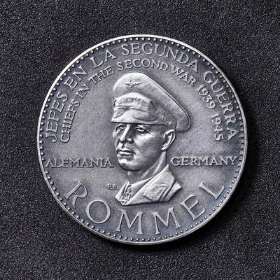 【俄甄集藏】2026年(050)04-01星期三 晚 19:30 全场包邮 - 委内瑞拉1957年意委银行出品二战名将系列-埃尔温·隆美尔复古银章，直径：30mm，重量：13克，950银，十分稀少的品种