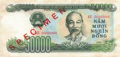 小福收藏拍卖第203期 裸钞场 本期有多张豹子号靓号 仅发行1000枚亚克力砖封蒙古20000图格里克帝国800周年纪念钞 瑞士200法郎 百慕大样钞洋葱冠全套 巴林首版大全套 卡塔尔四张套 越南 保加利亚 马其顿等多国精美纸币 - 越南 1990年 50000盾 全0样钞 有黄 unc-