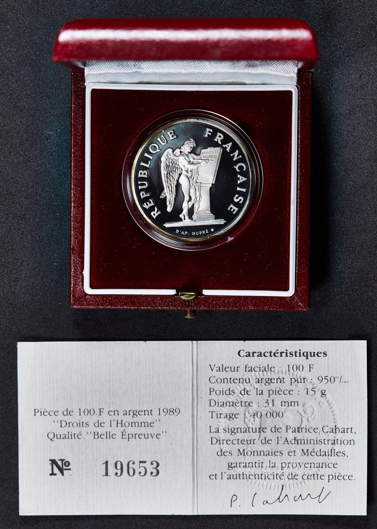 【俄甄集藏】2026年(050)04-01星期三 晚 19:30 全场包邮 法国1989年纪念《人权宣言》颁布200周年100法郎精制银币，原盒证，重15克，950银，发行量40000枚