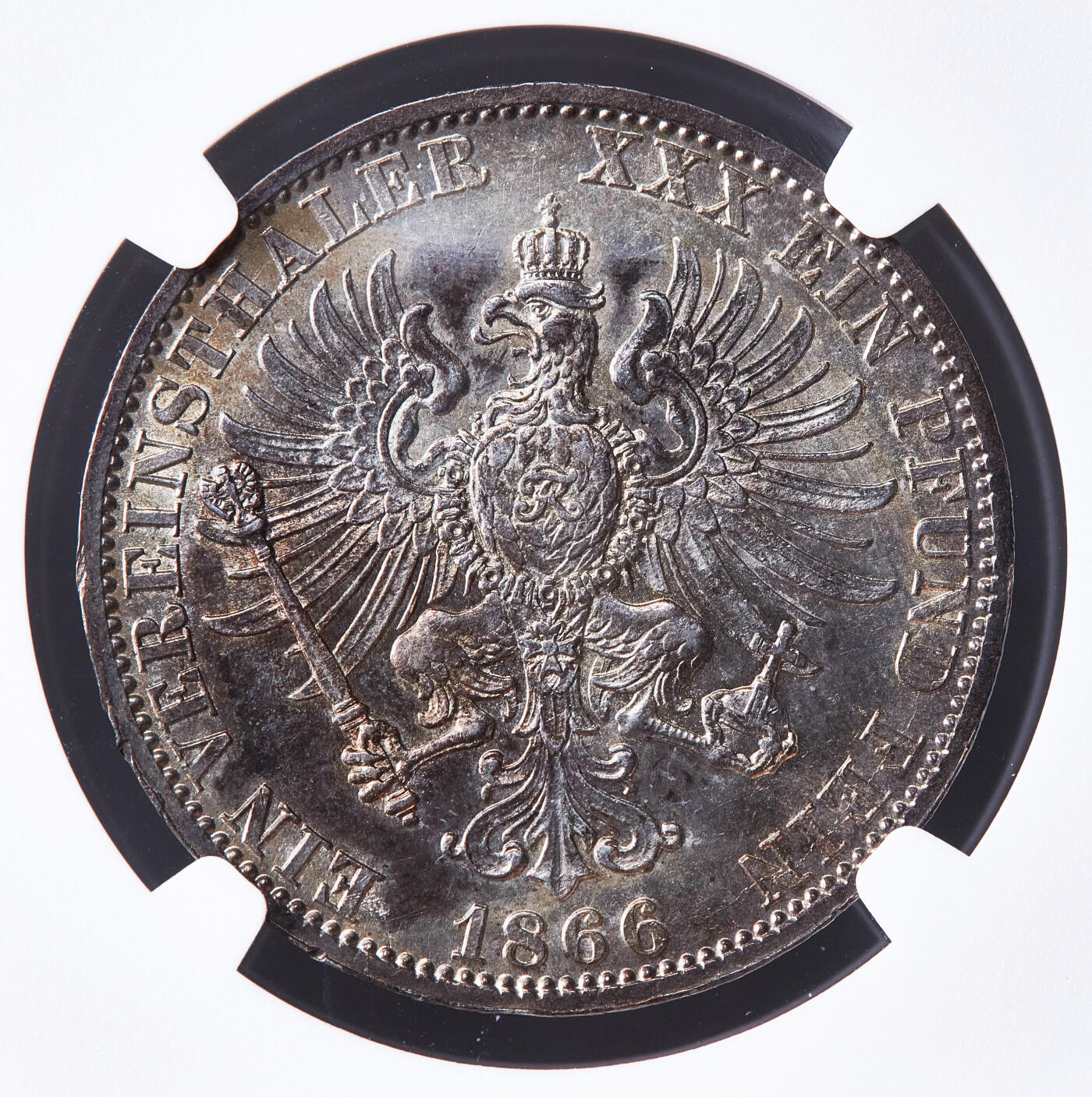 【俄甄集藏】2026年(050)04-01星期三 晚 19:30 全场包邮 德国普鲁士1866年威廉一世A版1泰勒银币，NGC MS62， 酱彩包浆，原光品相，经典品种