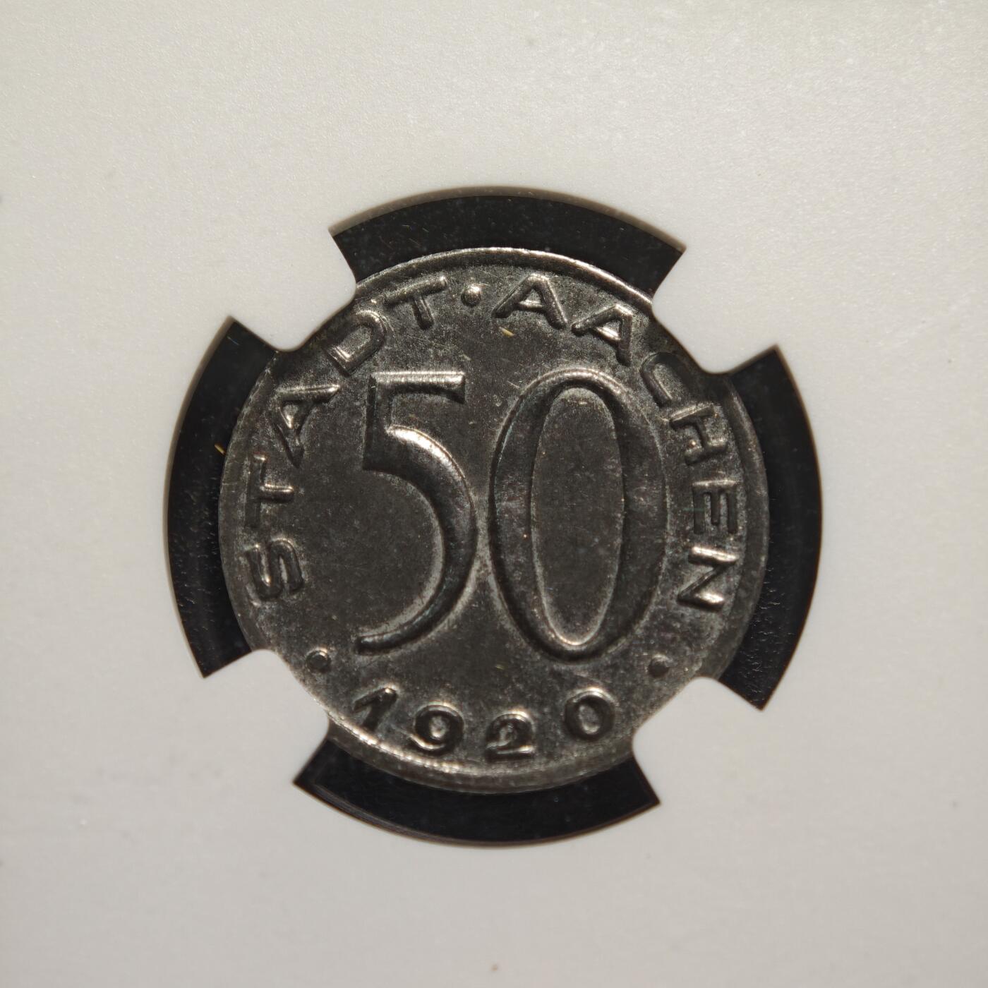 【德藏】世界币章拍卖第169期（拍品征集中~欢迎藏友联系） 1920年 德国德紧时期亚琛大嘴鹰50芬尼铁币 NGC MS61 保存不易 好品难得