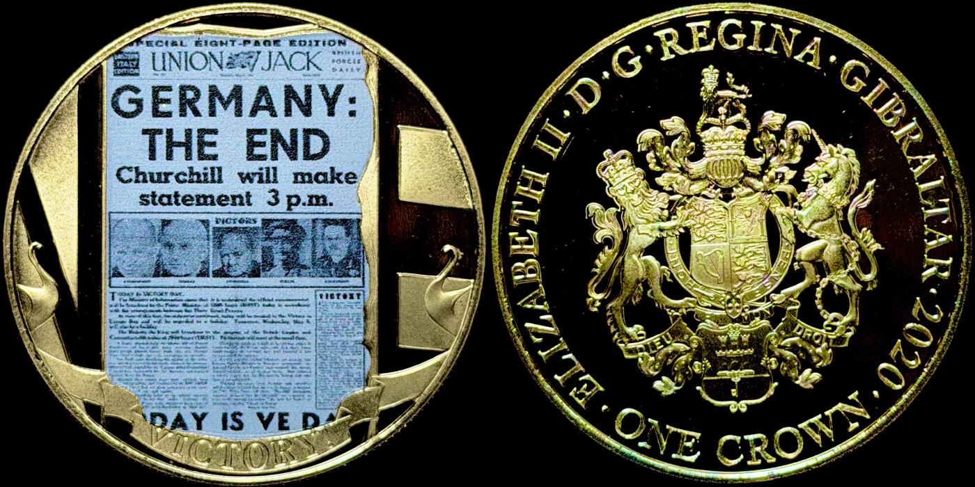 ＜星葵🌻钱币社＞第72期·东奔西走的硬币·3月31日发货 直布罗陀2020年胜利日编年史·英国国旗报1克朗镀金纪念币