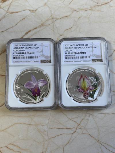 第194期拍卖 - 新加坡2012年花卉系列彩色1盎司纪念银币2枚套NGC-PF69-PF70,999银，1盎司*2