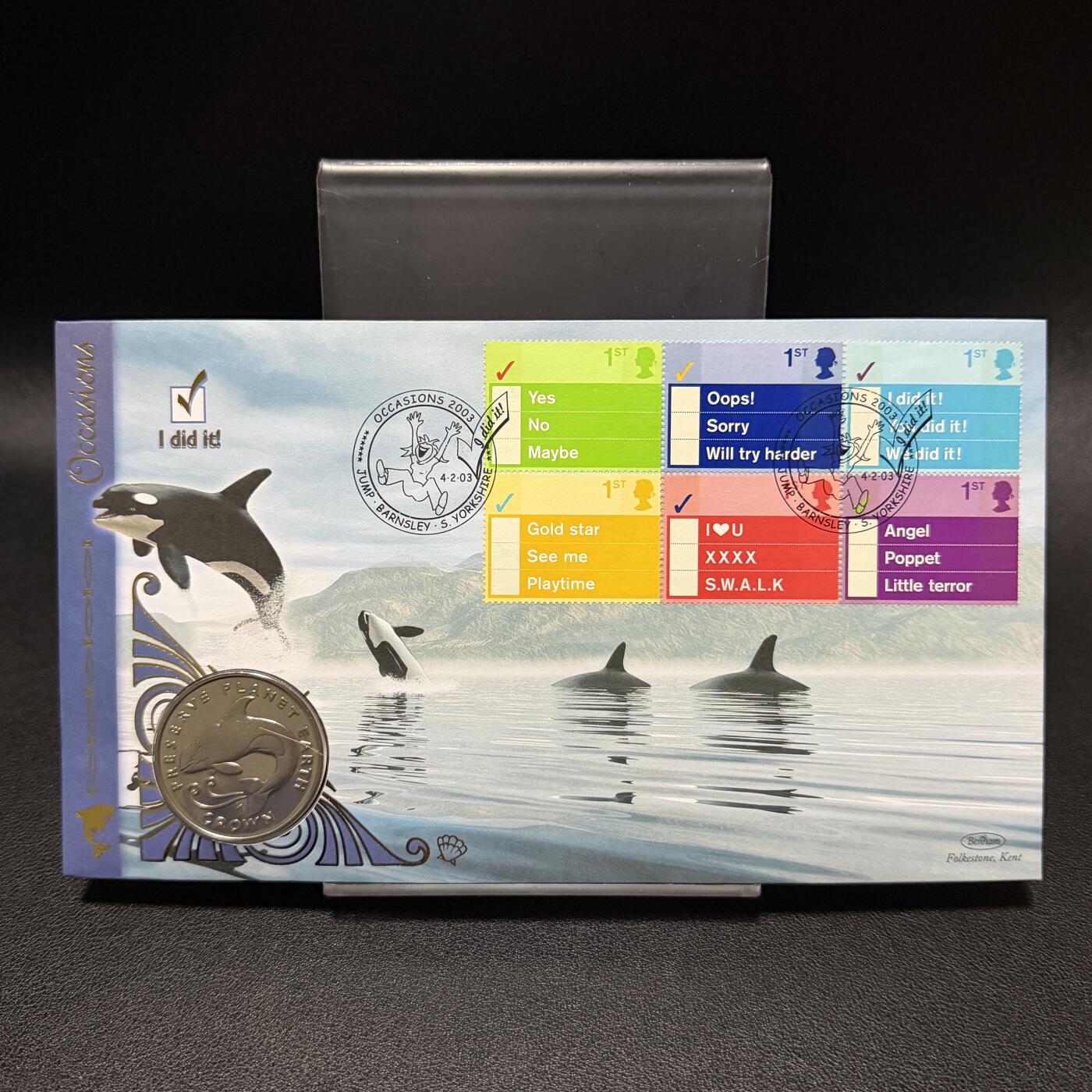 ＜星葵🌻钱币社＞第72期·东奔西走的硬币·3月31日发货 〈邮币封〉马恩岛1996年保护地球·虎鲸1克朗纪念币