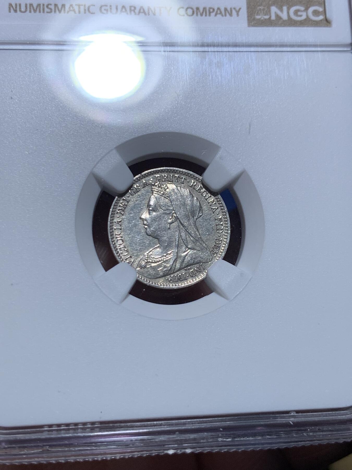 《竞宝斋》第475场 周日，周一 2场连拍 （全场包邮）欢迎送拍 四枚一组 NGC UNC-MS63 英国1895年维多利亚披纱濯足币 1-4便士银币