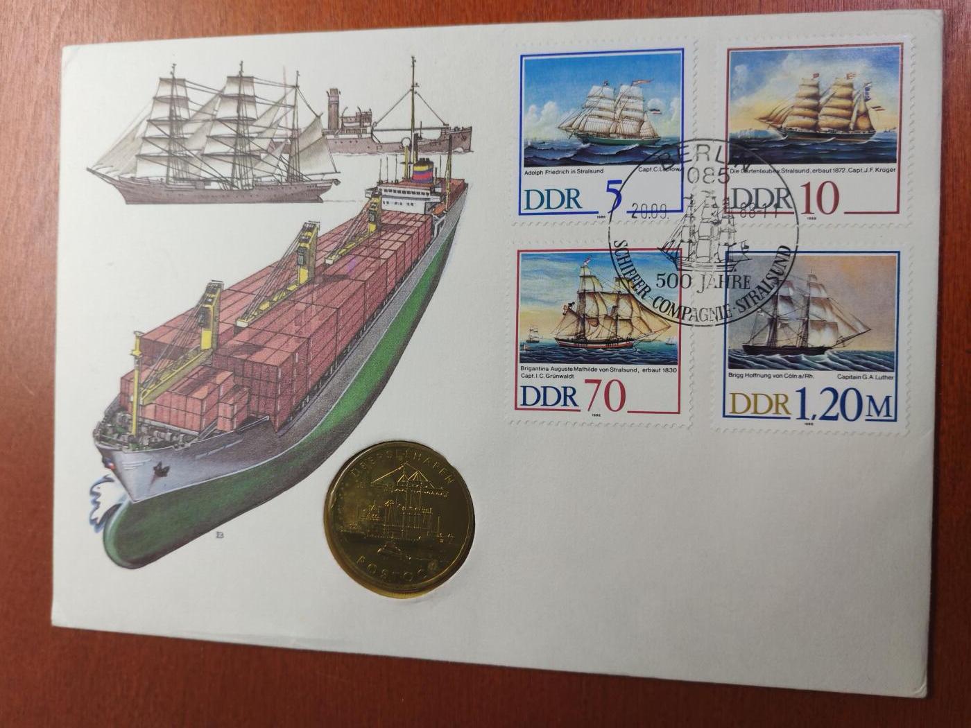 长老汇马年精选第十四场拍卖 1988东德罗斯托克港500周年邮币封首日封，含同题材5马克铜镍币1枚
