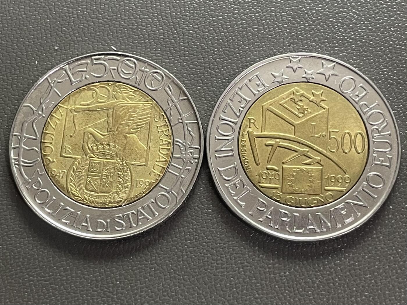 回流0406 意大利1997、1999年500里拉双金属币两枚 国家警察成立50周年&欧洲议会