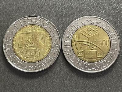 回流0406 - 意大利1997、1999年500里拉双金属币两枚 国家警察成立50周年&欧洲议会