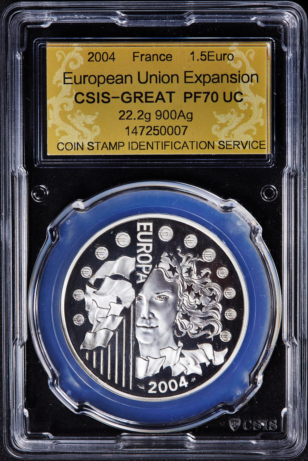 【俄甄集藏】2026年(050)04-01星期三 晚 19:30 全场包邮 法国2004年纪念欧盟东扩1.5欧元精制银币，信泰 PF70UC，重22.2克，900银，发行量40000枚