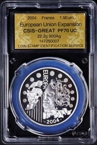 【俄甄集藏】2026年(050)04-01星期三 晚 19:30 全场包邮 - 法国2004年纪念欧盟东扩1.5欧元精制银币，信泰 PF70UC，重22.2克，900银，发行量40000枚