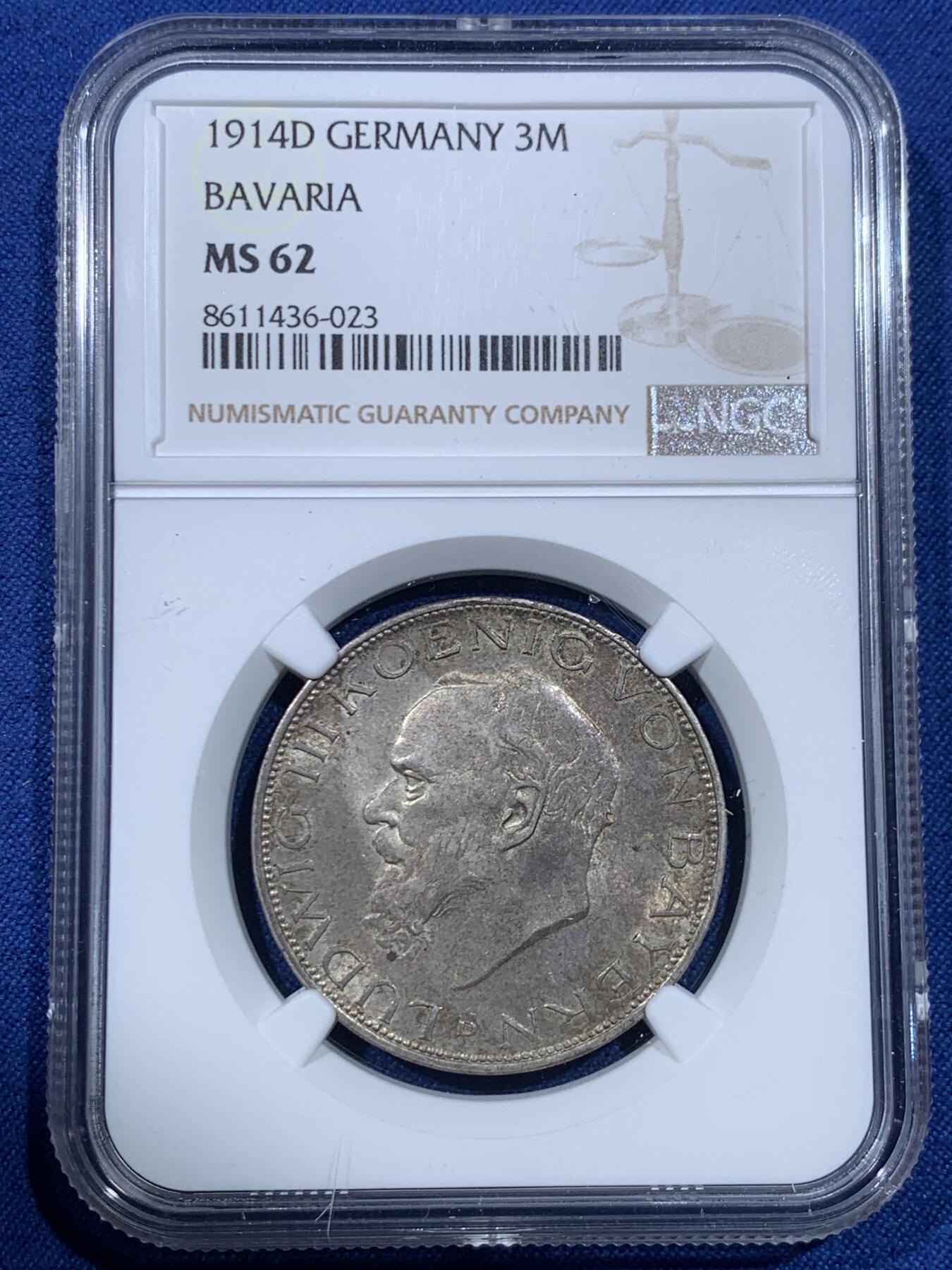 《竞宝斋》第475场 周日，周一 2场连拍 （全场包邮）欢迎送拍 NGC MS62 德国 1914年 巴伐利亚路德维希三世 3马克银币 双面淡彩光感不错