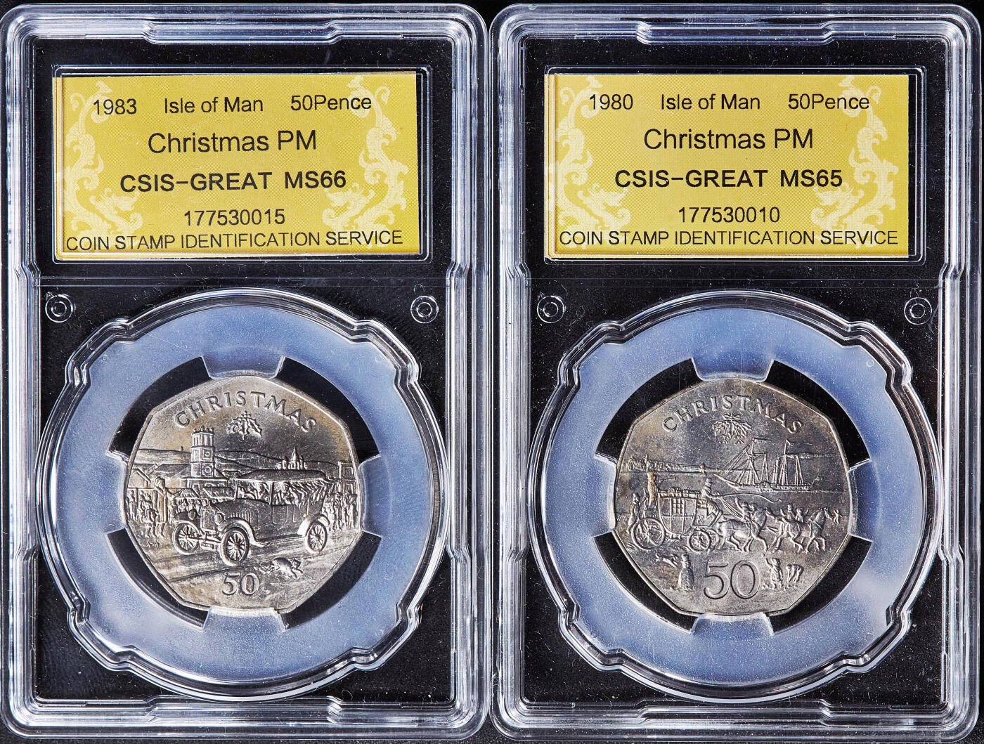 【俄甄集藏】2026年(050)04-01星期三 晚 19:30 全场包邮 英属马恩岛1980-1988年圣诞节50便士纪念币10枚一组，信泰 MS64-MS66，发行量均为30000枚