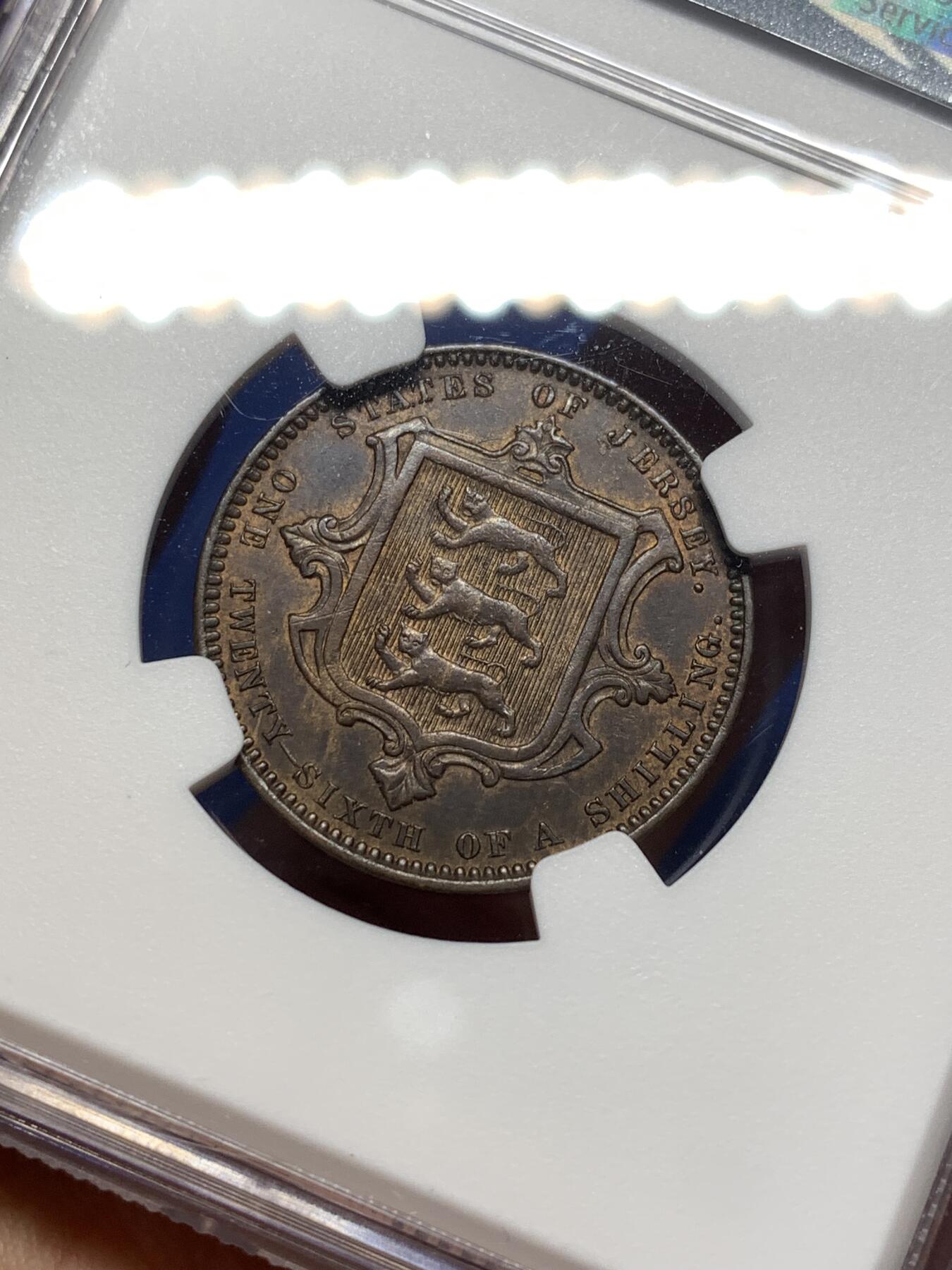 《竞宝斋》第475场 周日，周一 2场连拍 （全场包邮）欢迎送拍 NGC MS61BN 英国泽西岛1866年1/26先令铜币 细节不错