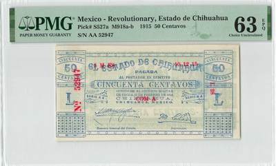 小福收藏拍卖第204期 评级币精选场 本期有 荷兰经典AA冠拿杯子的蛇 叙利亚世遗帕尔米拉古城豹子号冠军分 法国红衣主教冠军分 意大利经典达芬奇   白俄罗斯 "Millennium" 纪念版AA冠全同千位号全套  南斯拉夫铁托未发行版 美国 墨西哥 越南 法属印度支那等多国精美高分珍稀老钞精品纸币 - 墨西哥 1915年 50centavos AA PMG63 EPQ