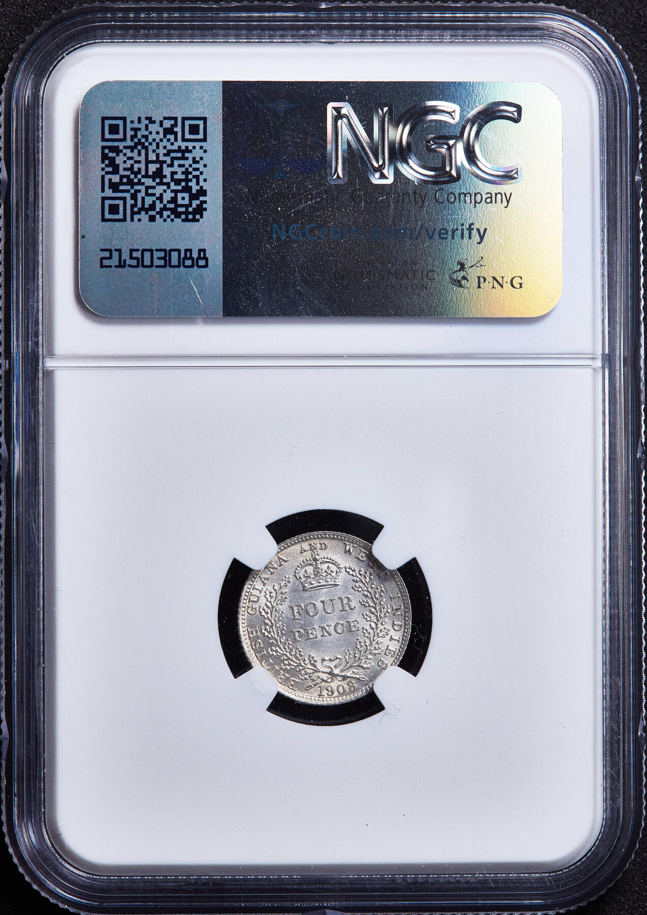 【俄甄集藏】2026年(050)04-01星期三 晚 19:30 全场包邮 英属圭亚那1903年爱德华七世4便士银币，NGC MS64，转光品相，经典品种