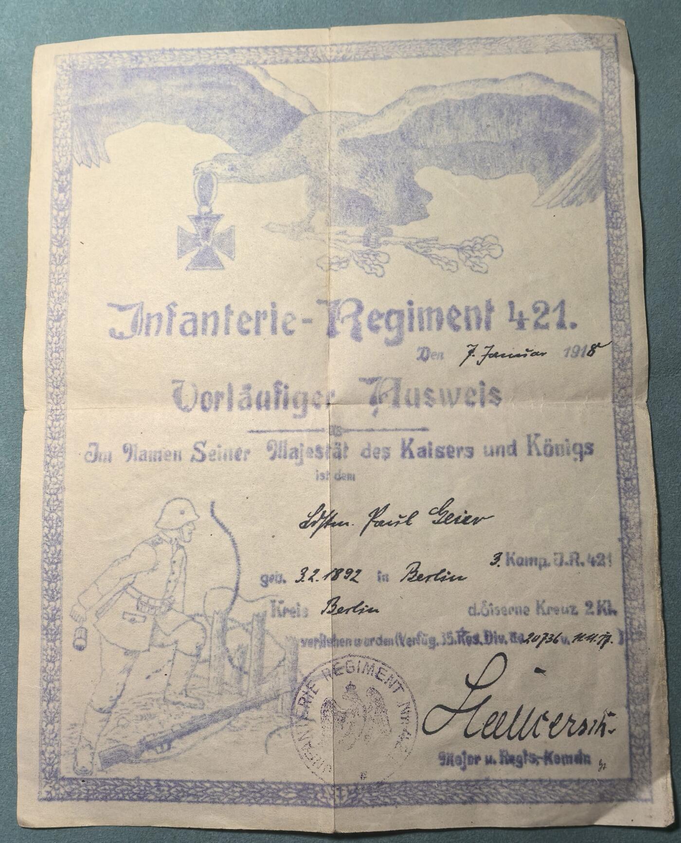 盛世勋华——号角文化勋章邮票专场拍卖第311期 德国（一战）陆军第421步兵团士兵临时身份证明