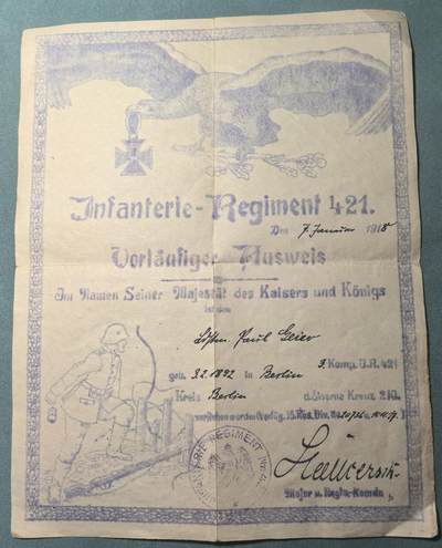 盛世勋华——号角文化勋章邮票专场拍卖第311期 - 德国（一战）陆军第421步兵团士兵临时身份证明