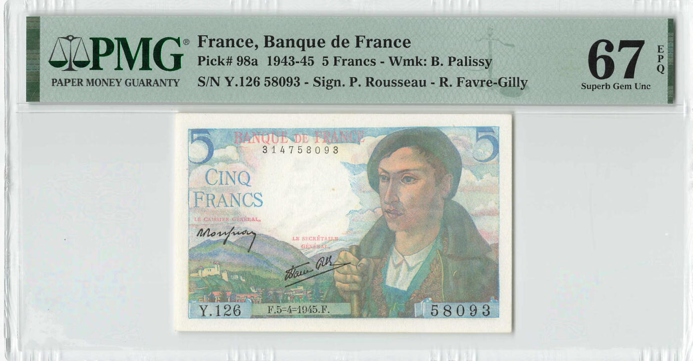 小福收藏拍卖第204期 评级币精选场 本期有 荷兰经典AA冠拿杯子的蛇 叙利亚世遗帕尔米拉古城豹子号冠军分 法国红衣主教冠军分 意大利经典达芬奇   白俄罗斯 "Millennium" 纪念版AA冠全同千位号全套  南斯拉夫铁托未发行版 美国 墨西哥 越南 法属印度支那等多国精美高分珍稀老钞精品纸币 法国 1945年 5法郎 无47 PMG67 EPQ 亚军分