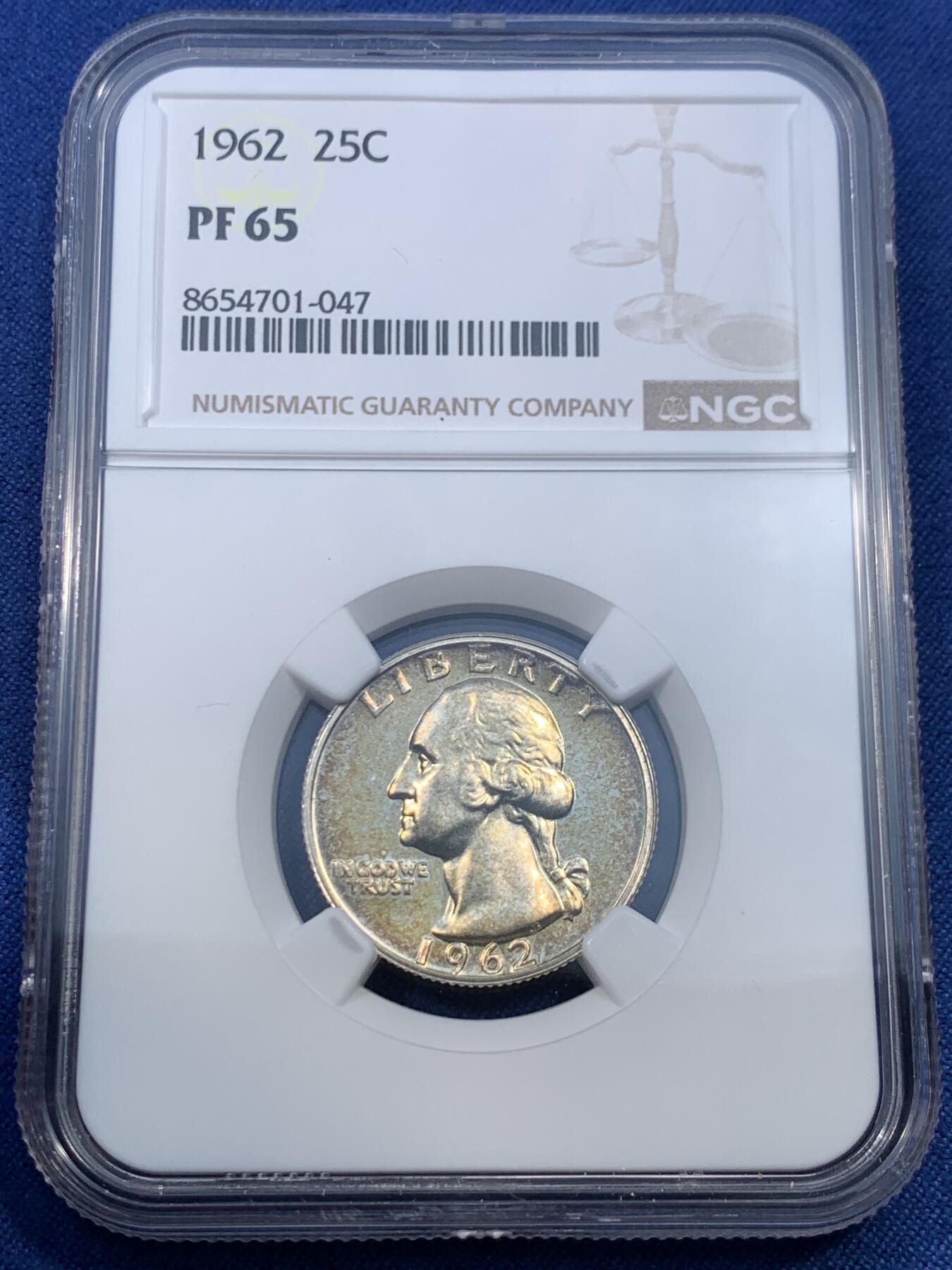 《竞宝斋》第475场 周日，周一 2场连拍 （全场包邮）欢迎送拍 NGC PF65 美国1962年华盛顿25分银币 少见精制版本 较少的年份