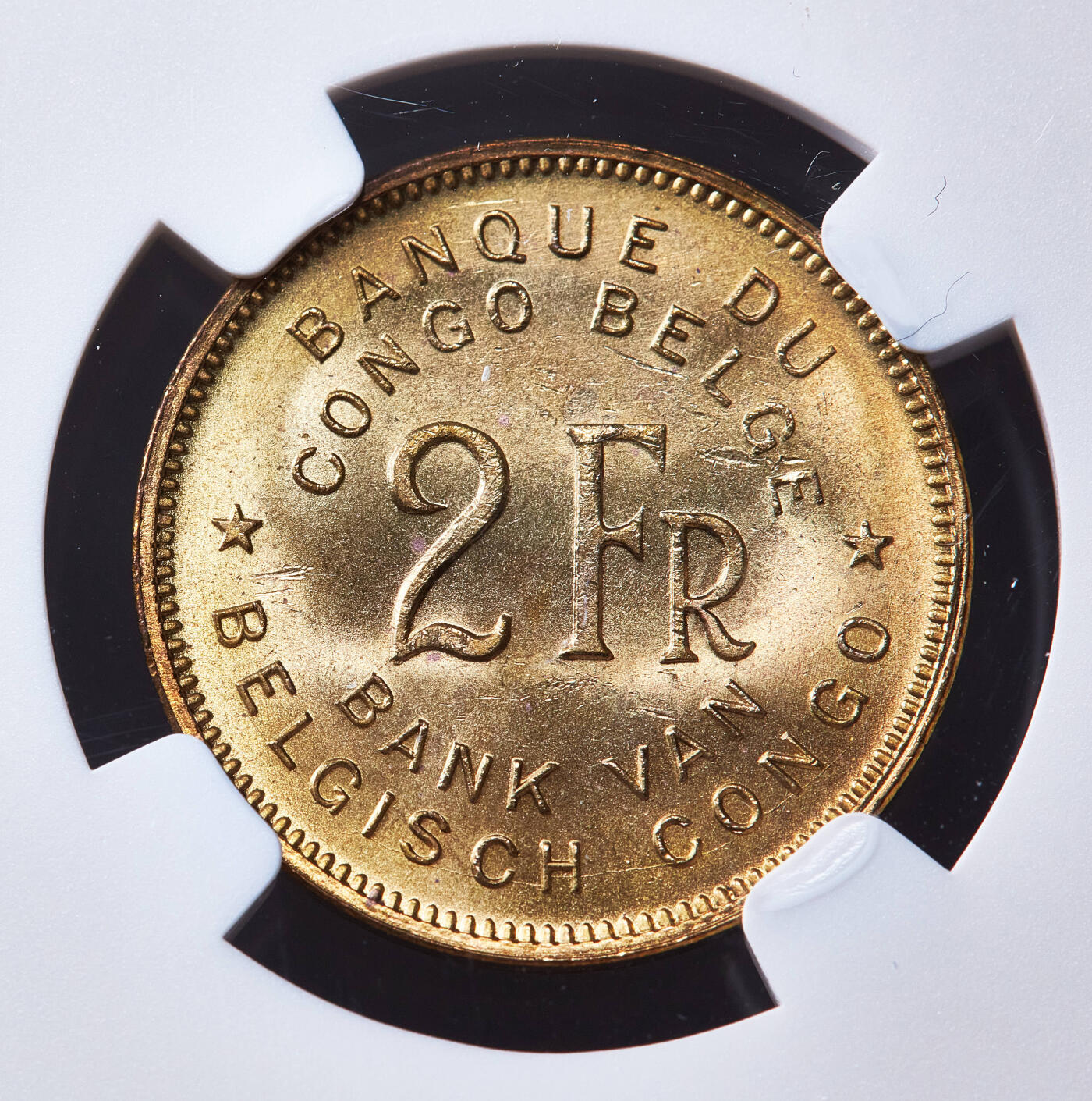 【俄甄集藏】2026年(050)04-01星期三 晚 19:30 全场包邮 比属刚果1947年大象2法郎铜币，NGC MS63，转光品相