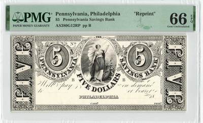 小福收藏拍卖第204期 评级币精选场 本期有 荷兰经典AA冠拿杯子的蛇 叙利亚世遗帕尔米拉古城豹子号冠军分 法国红衣主教冠军分 意大利经典达芬奇   白俄罗斯 "Millennium" 纪念版AA冠全同千位号全套  南斯拉夫铁托未发行版 美国 墨西哥 越南 法属印度支那等多国精美高分珍稀老钞精品纸币 - 美国 宾夕法尼亚 费城宾夕法尼亚储蓄银行 5美元 黑色油墨厚纸版 重印 PMG66 EPQ