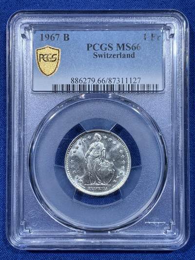 《竞宝斋》第475场 周日，周一 2场连拍 （全场包邮）欢迎送拍 - PCGS MS66 瑞士1967年雪山女神1法郎银币
