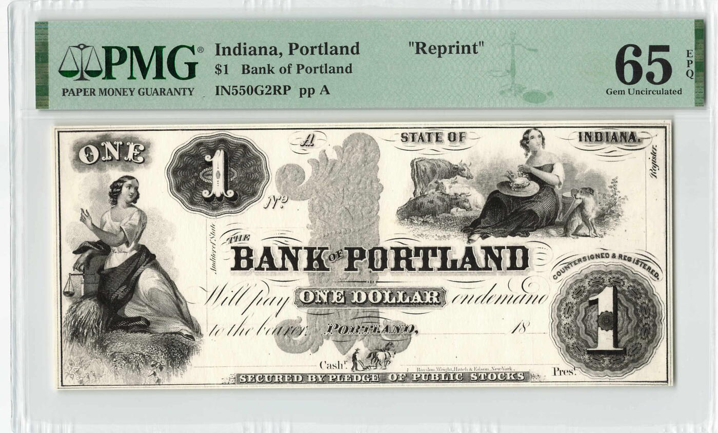 小福收藏拍卖第204期 评级币精选场 本期有 荷兰经典AA冠拿杯子的蛇 叙利亚世遗帕尔米拉古城豹子号冠军分 法国红衣主教冠军分 意大利经典达芬奇   白俄罗斯 "Millennium" 纪念版AA冠全同千位号全套  南斯拉夫铁托未发行版 美国 墨西哥 越南 法属印度支那等多国精美高分珍稀老钞精品纸币 美国 印第安纳 波特兰银行 1美元 黑色油墨厚纸版 重印 PMG65 EPQ