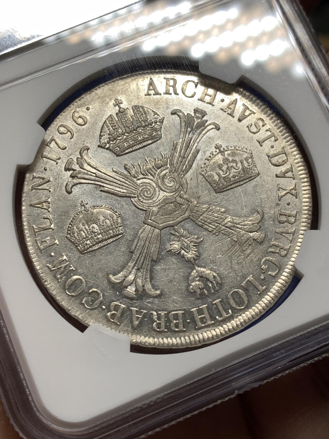 《竞宝斋》第475场 周日，周一 2场连拍 （全场包邮）欢迎送拍 NGC AUD 奥属意大利 1796年 米兰版弗朗茨二世泰勒大银 1TAL大银币  非常见的奥属尼德兰版本