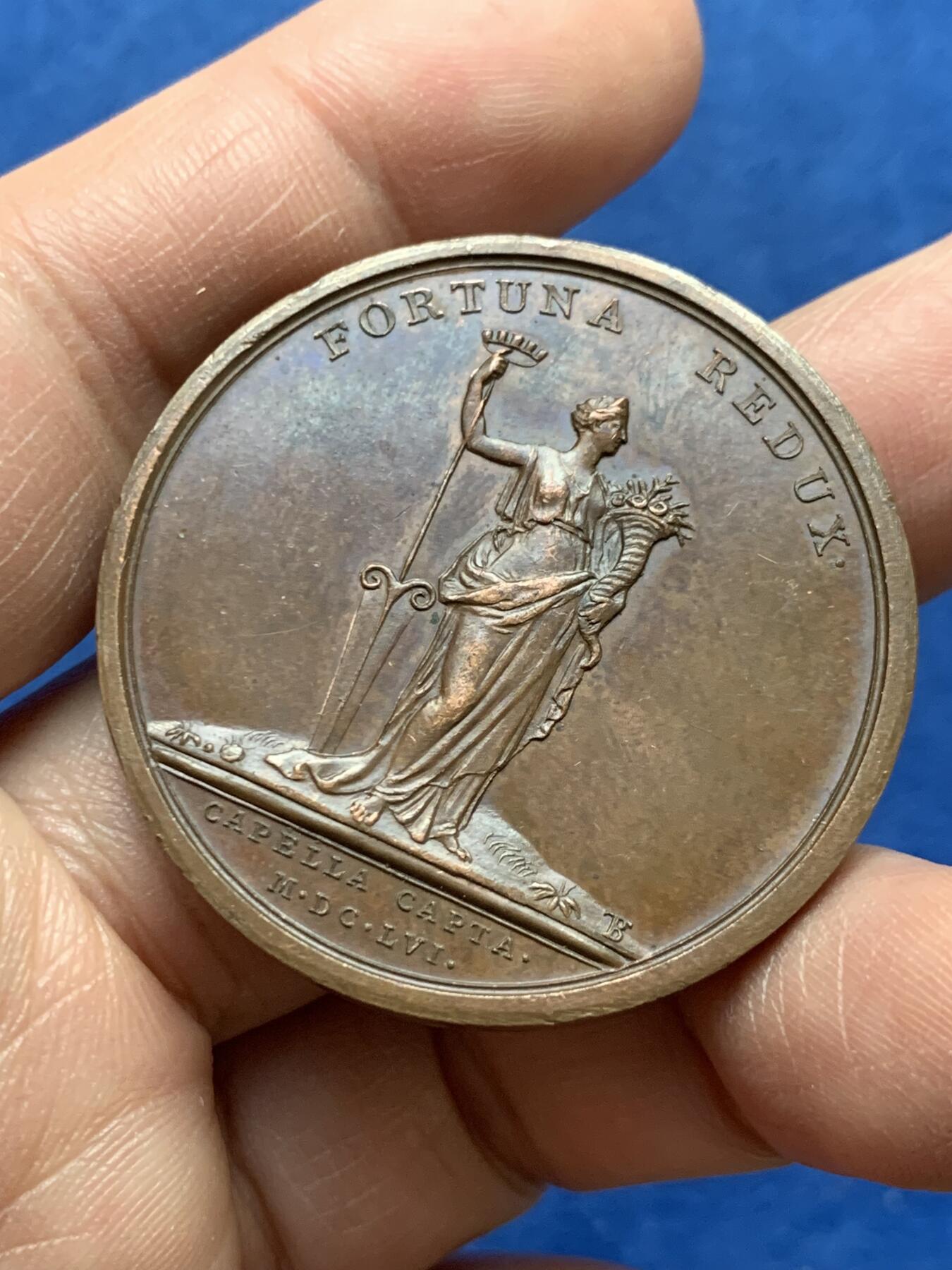 《竞宝斋》第475场 周日，周一 2场连拍 （全场包邮）欢迎送拍 法国路易十四占领卡佩勒纪念铜章 39.7克 40.9mm 早期无边铭