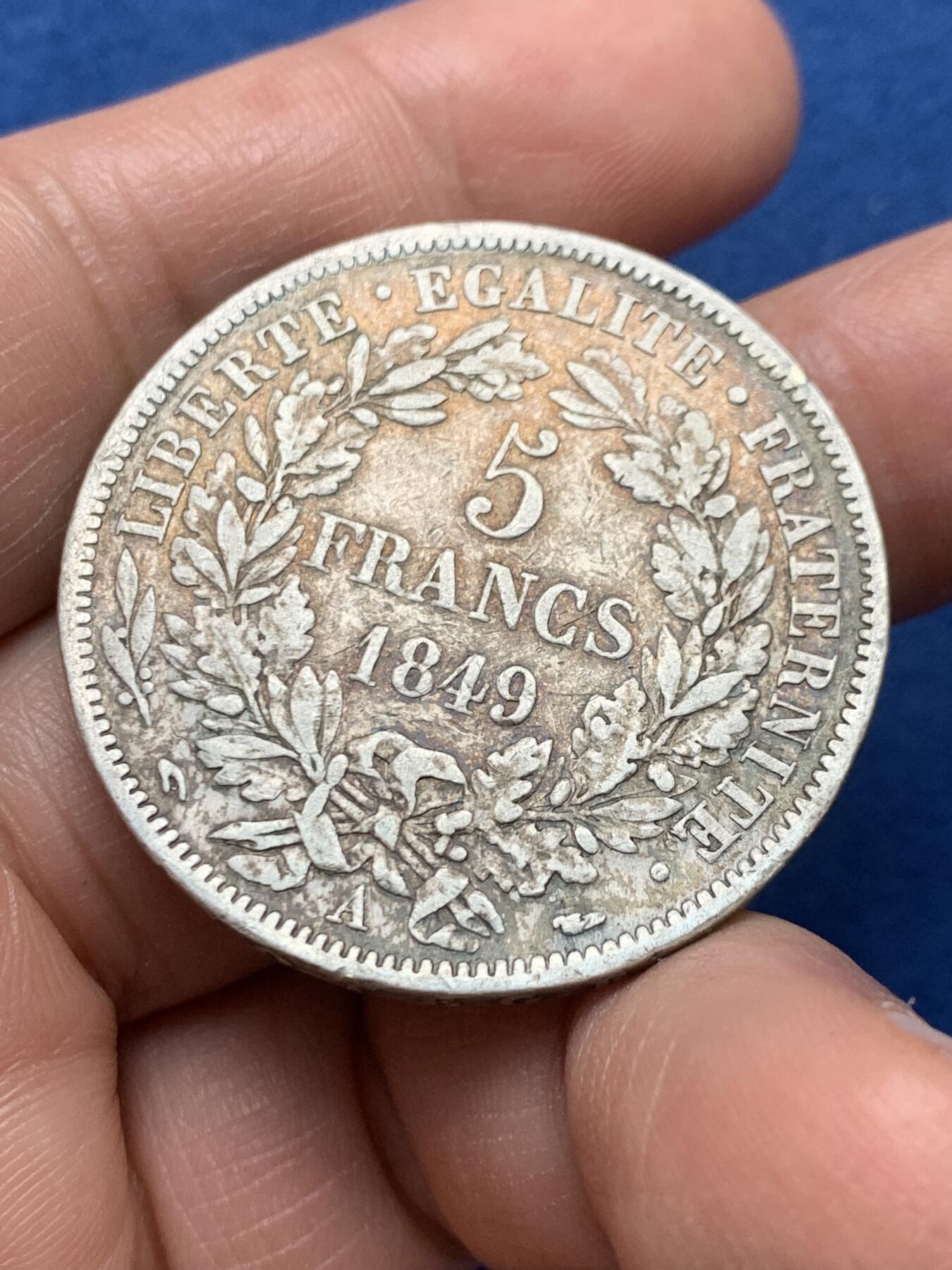 《竞宝斋》第475场 周日，周一 2场连拍 （全场包邮）欢迎送拍 法国1849年A版谷物女神5法郎银币