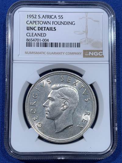 《竞宝斋》第475场 周日，周一 2场连拍 （全场包邮）欢迎送拍 - NGC UNCD 南非1952年发现开普敦建城300周年5先令银币