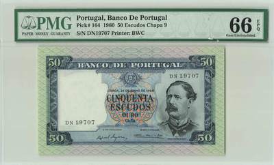 小福收藏拍卖第204期 评级币精选场 本期有 荷兰经典AA冠拿杯子的蛇 叙利亚世遗帕尔米拉古城豹子号冠军分 法国红衣主教冠军分 意大利经典达芬奇   白俄罗斯 "Millennium" 纪念版AA冠全同千位号全套  南斯拉夫铁托未发行版 美国 墨西哥 越南 法属印度支那等多国精美高分珍稀老钞精品纸币 - 葡萄牙 1960年 50埃斯库多 PMG66 EPQ 季军分