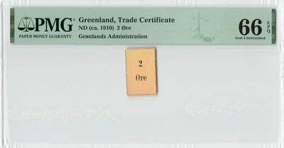 小福收藏拍卖第204期 评级币精选场 本期有 荷兰经典AA冠拿杯子的蛇 叙利亚世遗帕尔米拉古城豹子号冠军分 法国红衣主教冠军分 意大利经典达芬奇   白俄罗斯 "Millennium" 纪念版AA冠全同千位号全套  南斯拉夫铁托未发行版 美国 墨西哥 越南 法属印度支那等多国精美高分珍稀老钞精品纸币 - 格陵兰岛 1910年 2欧尔  PMG66 EPQ 亚军分